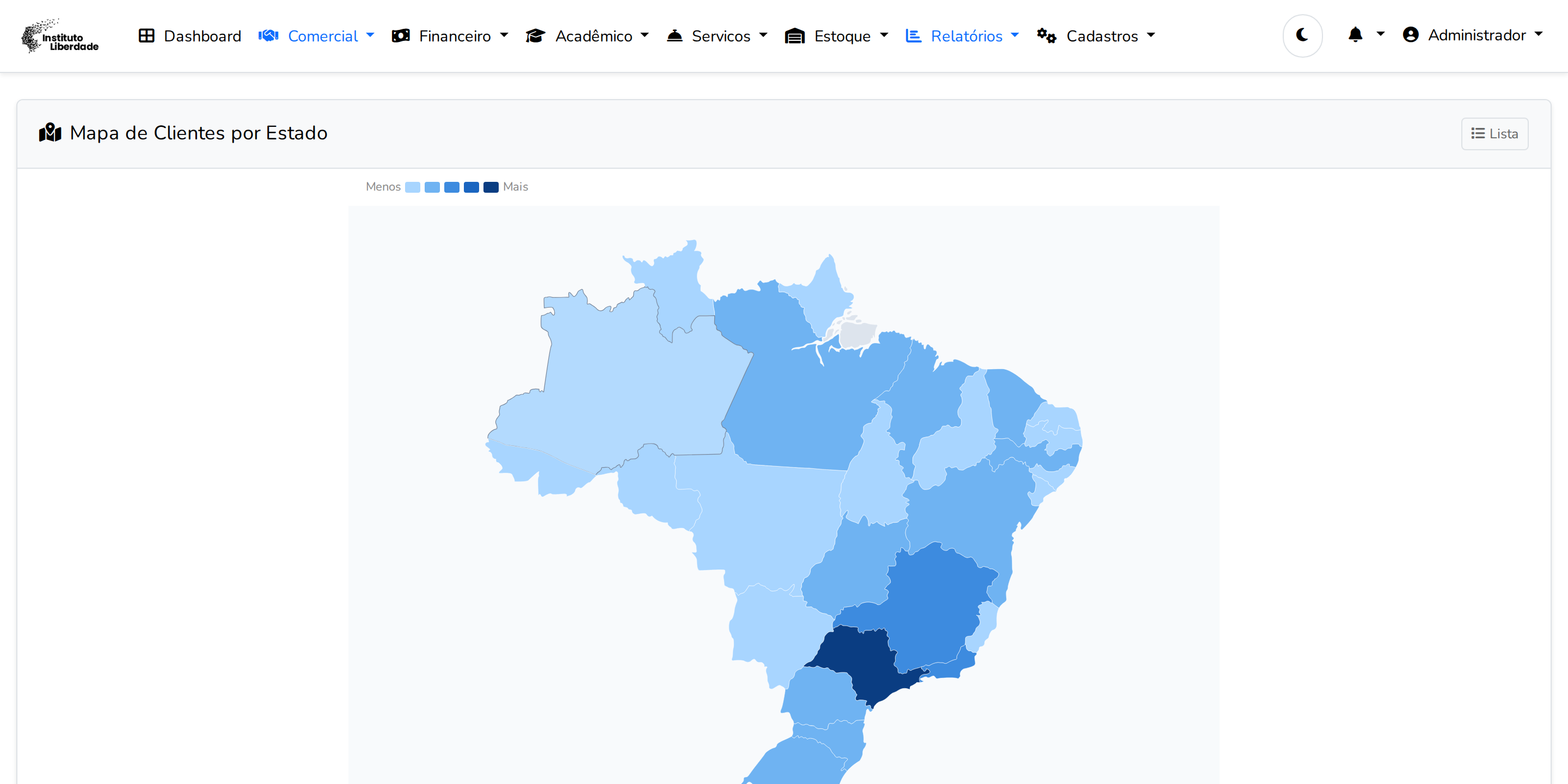 Mapa do Brasil com a distribuição de clientes por estado